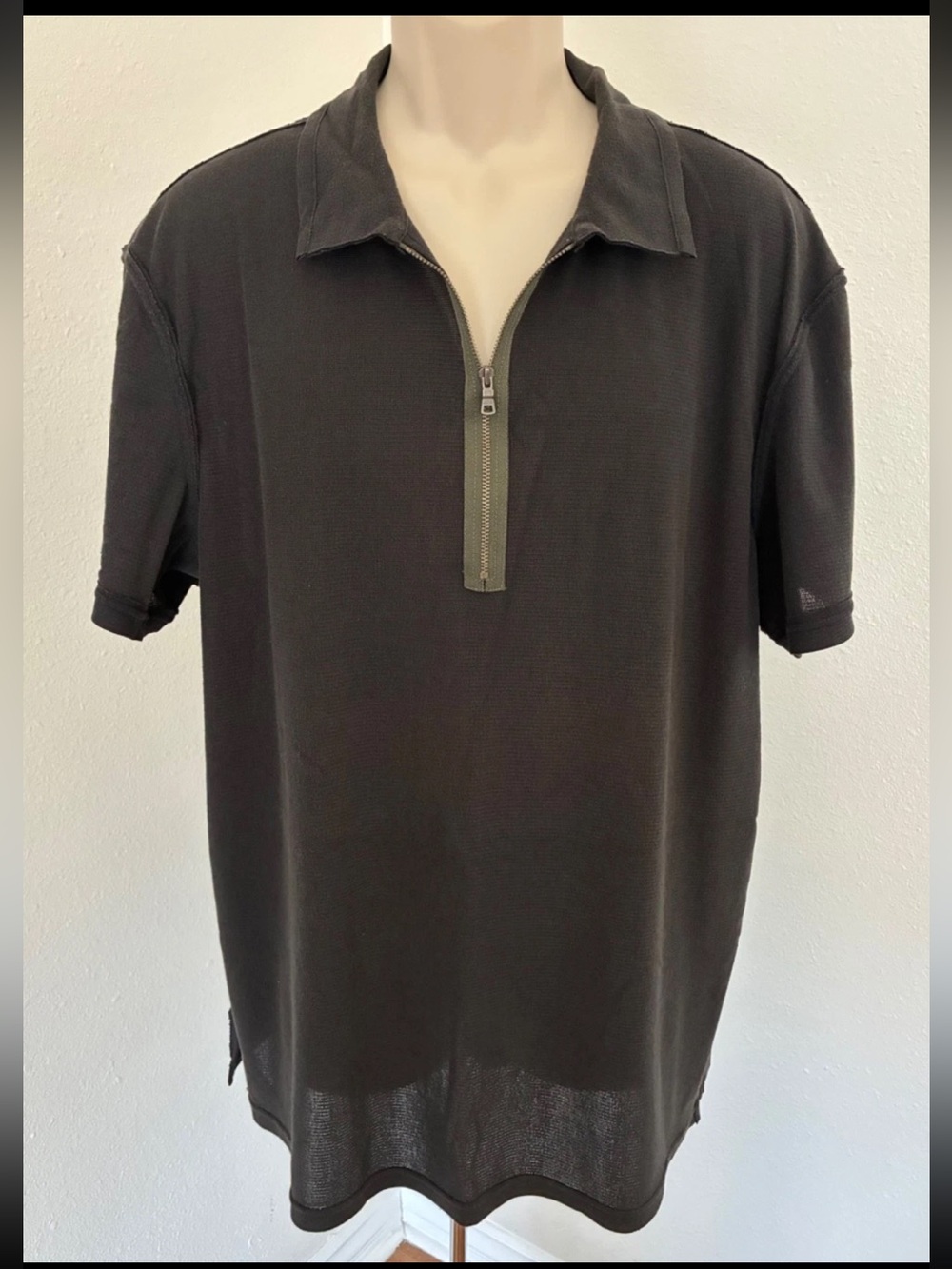 ARMANI EXCHANGE Mens Black Knit Sheer Shirt 3/4 Zip Short Sleeve Polo Top SZ XXL